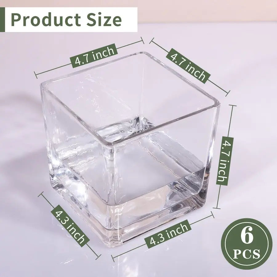 6 Pack Square Glass Vases 5 x 5 x 5 Inch, Clear Cube Flower Vases for Centerpieces, Candle Holders for Wedding Party Home Decor