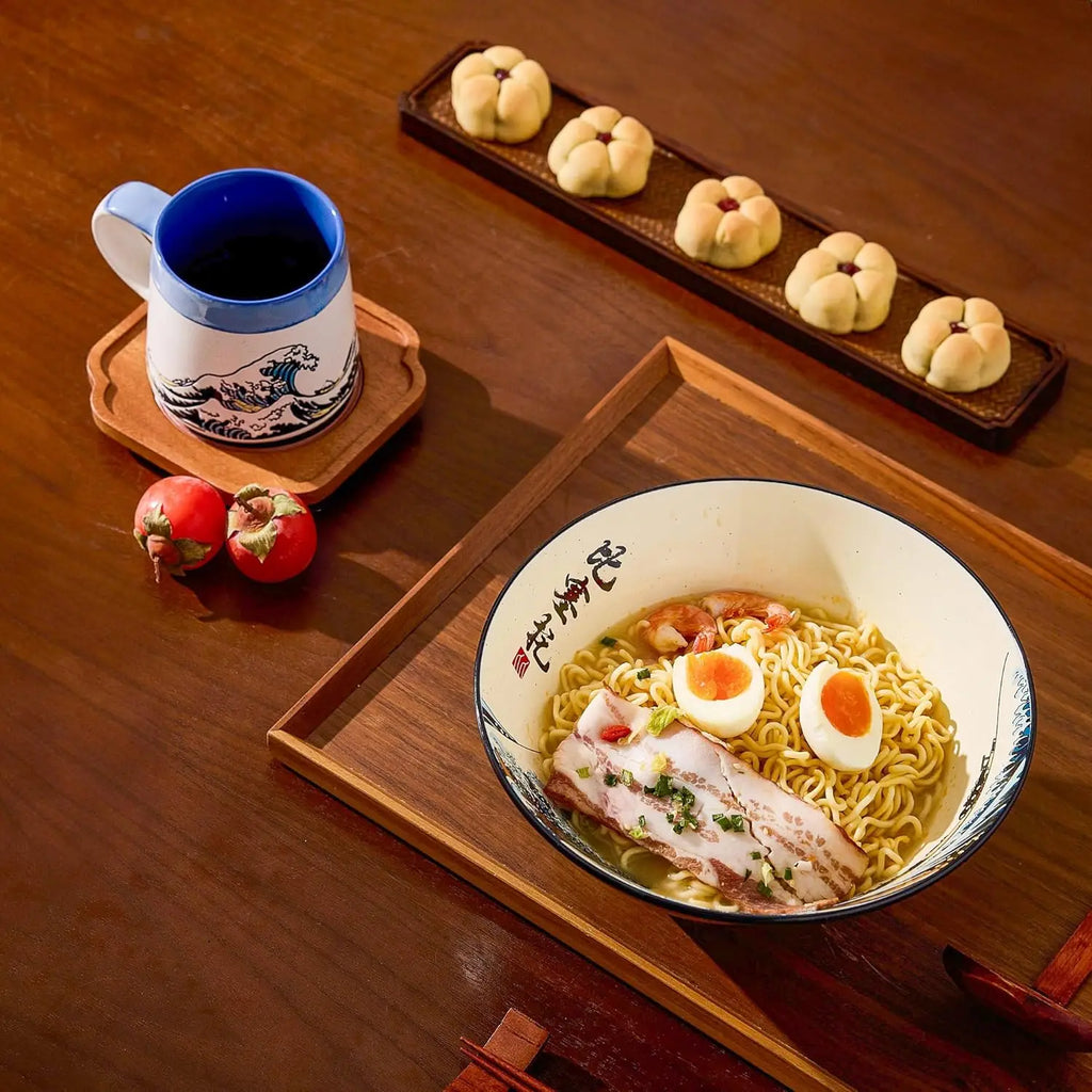 Large Ceramic Ramen Bowl Set with Great Wave Design, 60oz for Soups and Salads, Microwave Safe