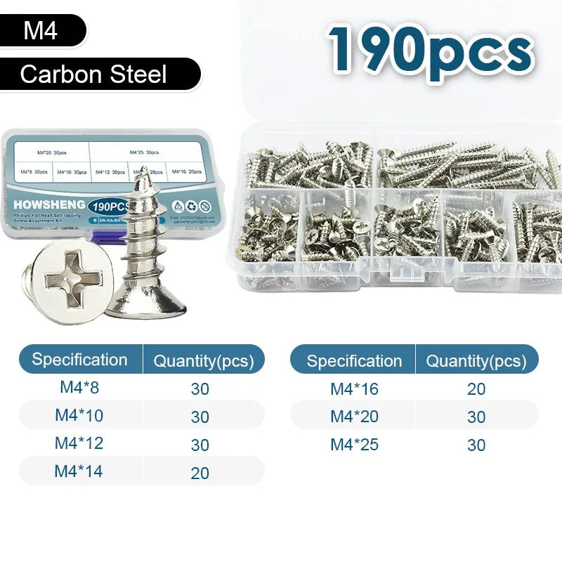 190/450/800/1300pcs Cross Flat Head Self-tapping Screws Set Assortment Kit Nickel Plated M1-M4 Phillips Head Wood Screw