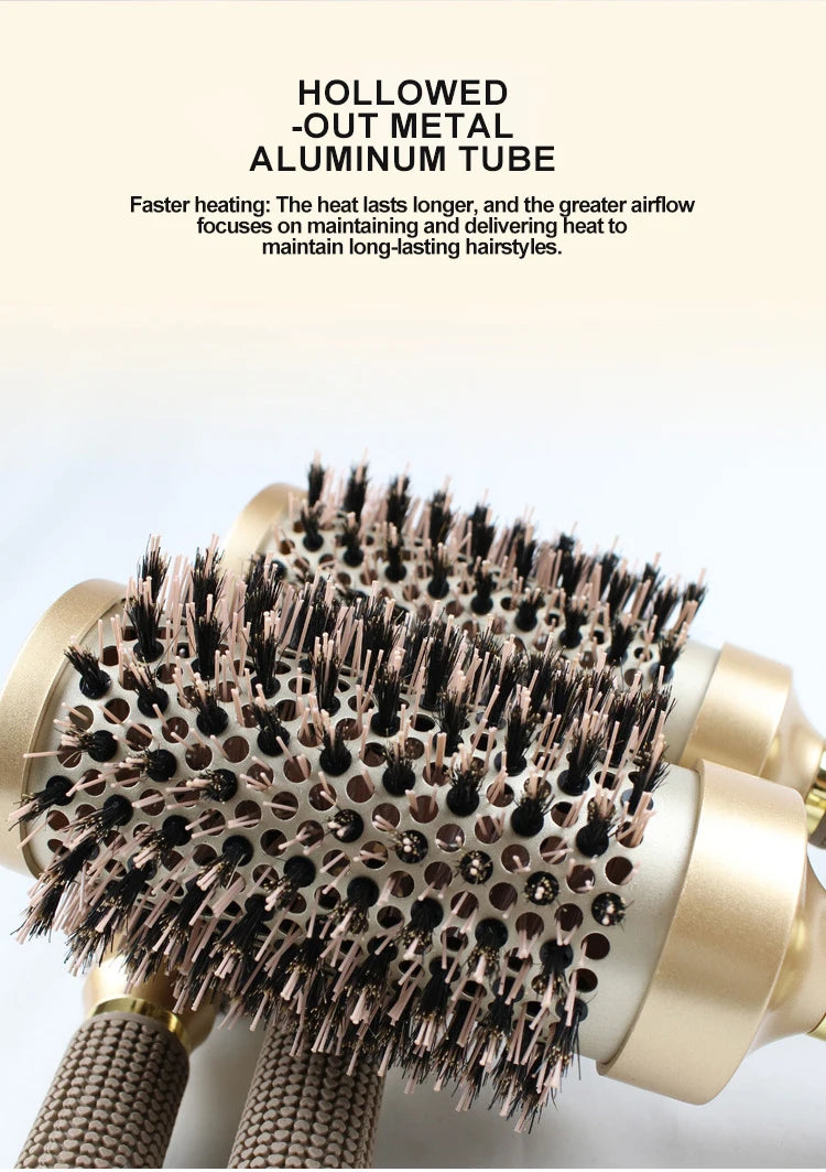 Gute Boar & Nylon Roller Brush - Gold Non-Slip Handle, Curl Defining Barrel - Salon Home Styling