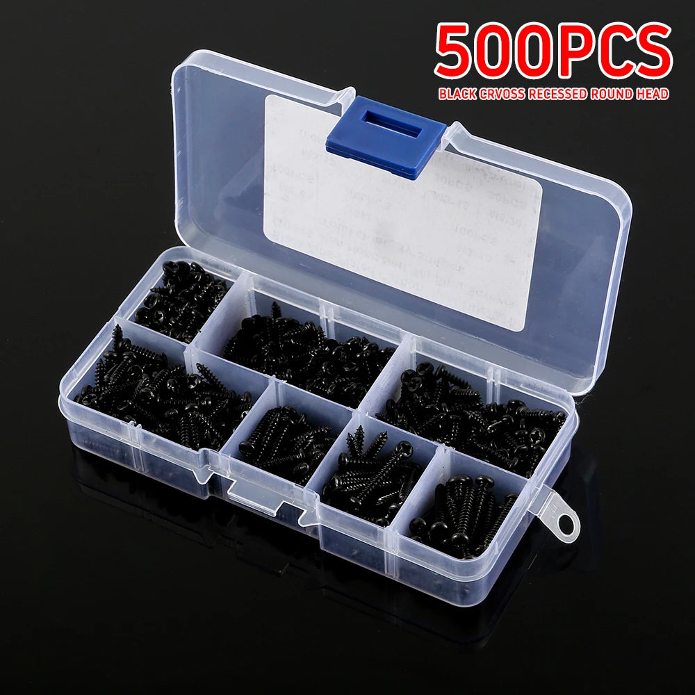 500Pcs M3 Screw Set 6/8/10/12/16/18/20mm Carbon Steel Cross Pan Head Self Tapping Screws Drilling Wood Screw Assortment Kit
