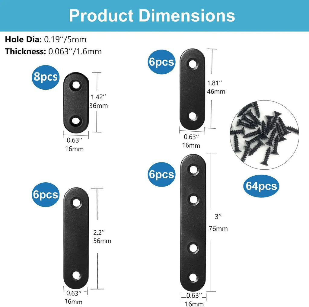 Stainless Steel Wood Brackets Repair Plate Brace Set, 26 Pieces in 36mm/46mm/56mm/76mm Sizes for Mending