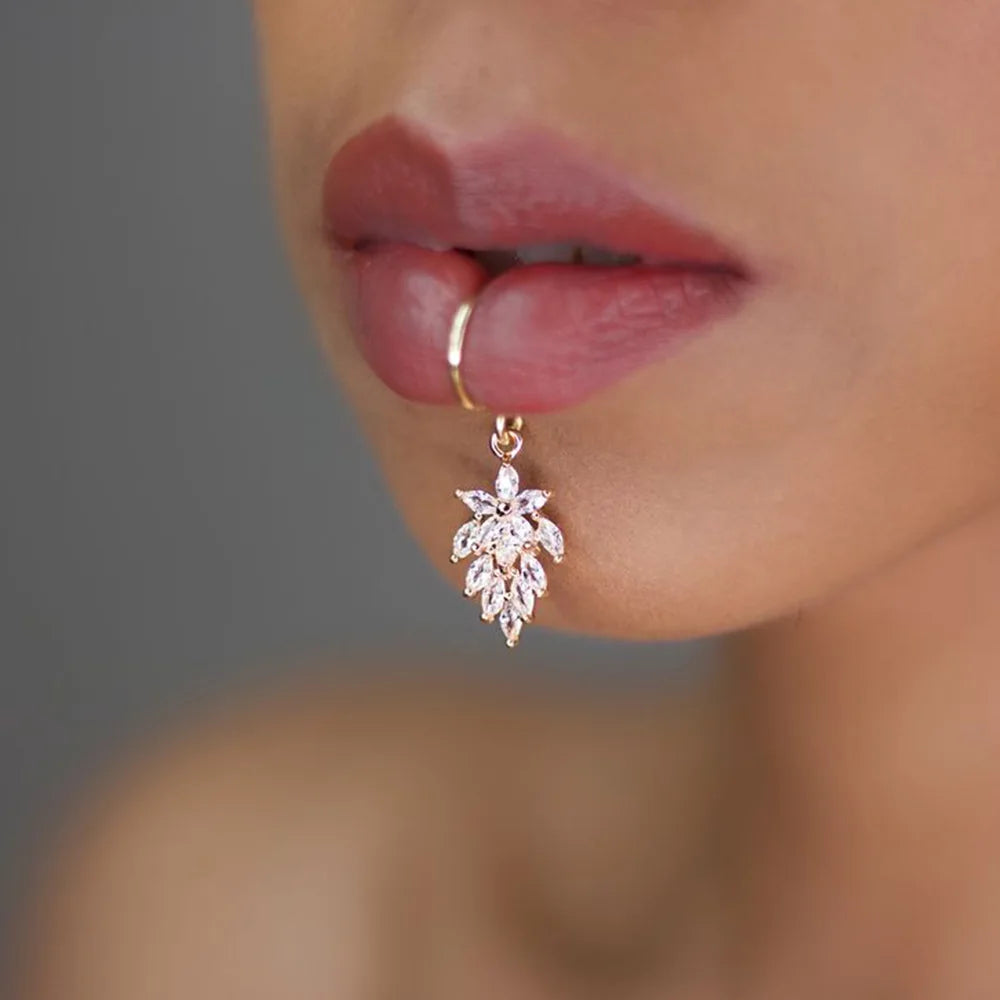 Stonefans Sexy Leaves Lips Ring Zircon High Quality Non Piercing Jewelry Fashion Hip Hop Labret Cuff Accessories Women Nightclub