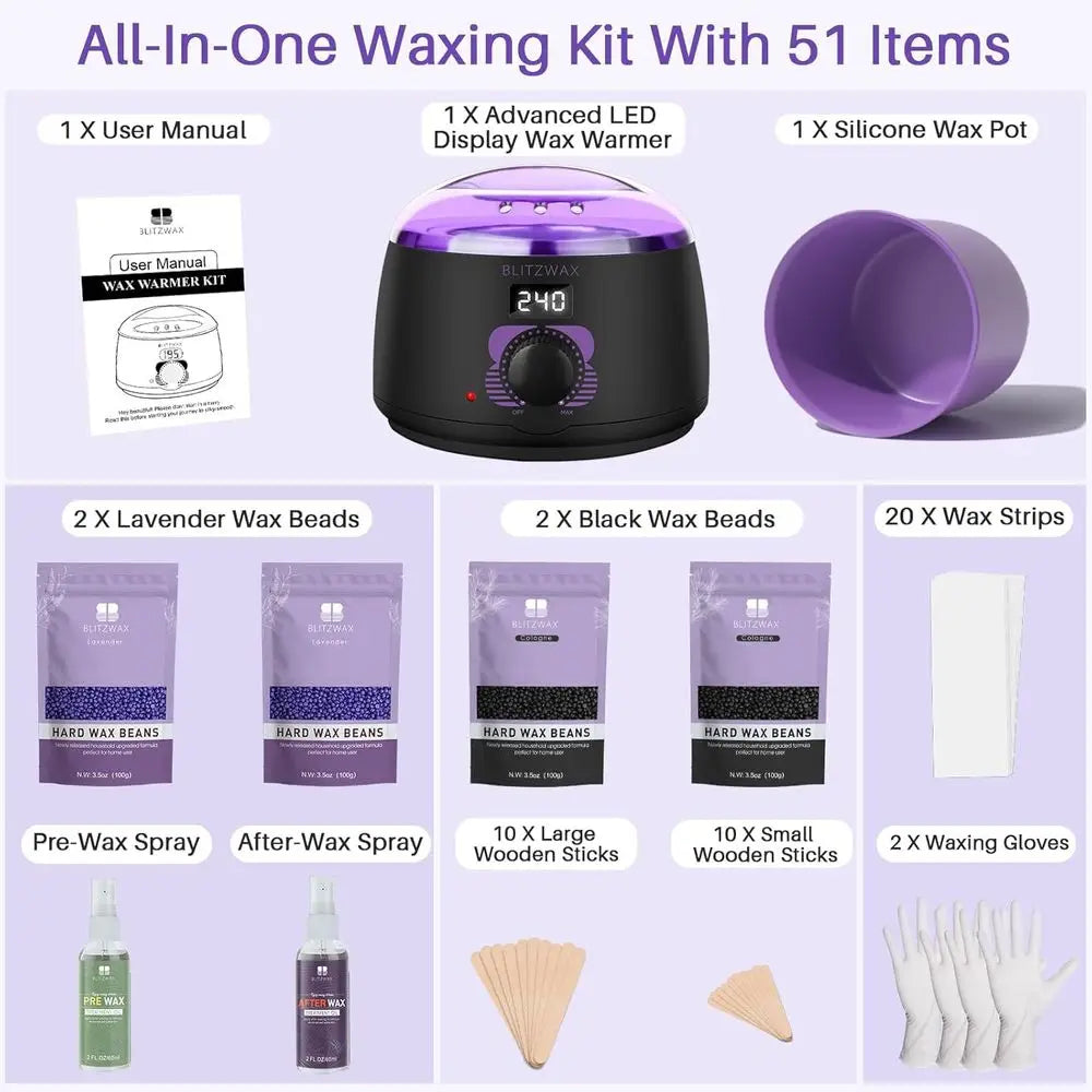 Brazilian and Bikini Waxing Kit for Women, Hard Wax Warmer, Legs and Body Hair Removal Kit, Beginner Friendly, Digital Fast Heat