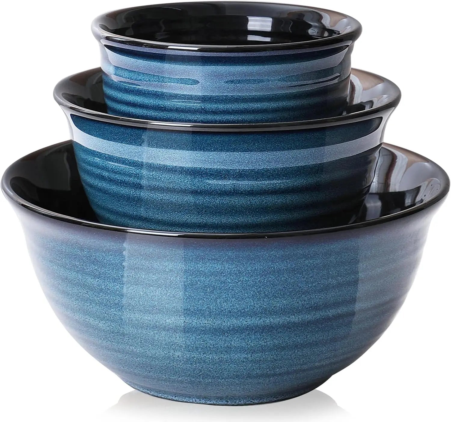 Ceramic Mixing Bowls Set, 3 Nesting Bowls for Kitchen Baking and Serving, Microwave Safe Blue Design