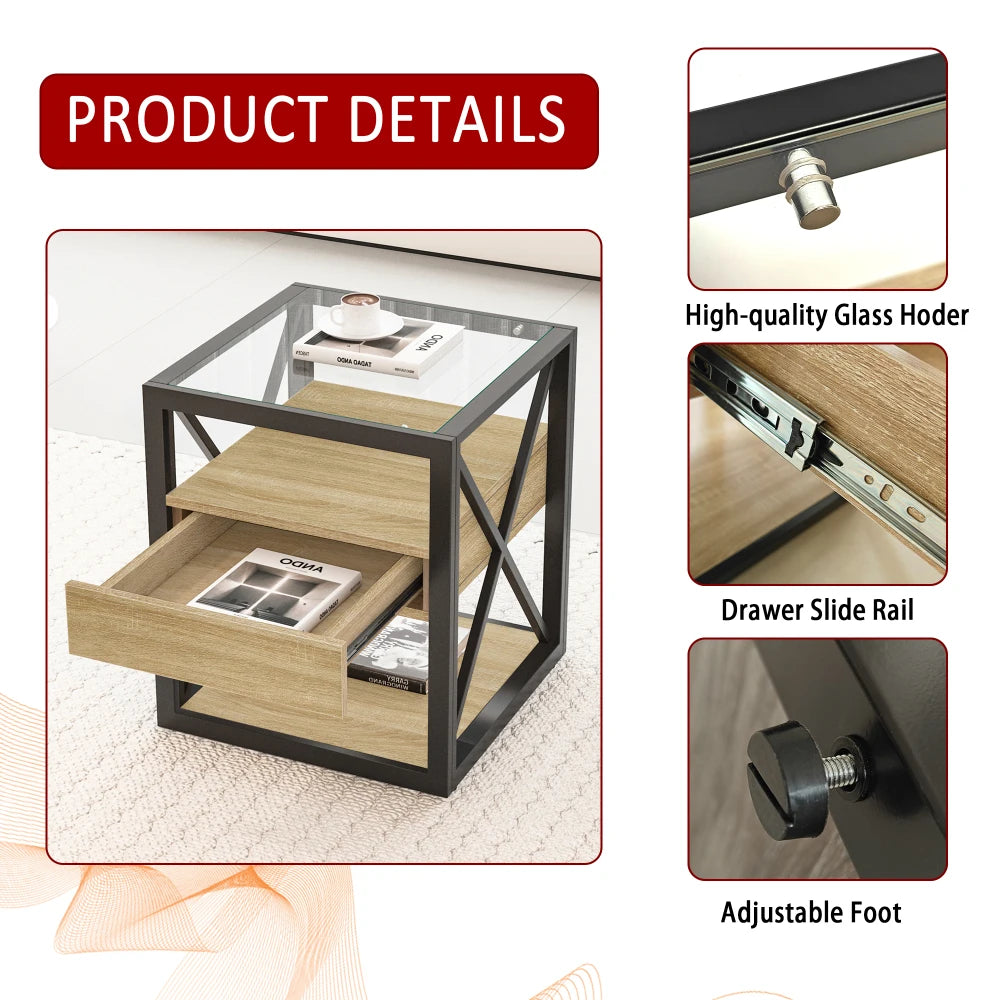 Modern coffee table for Bedroom & Living Room, Tempered Glass&Rustic Wood Grain MDF, Industrial Style coffee table