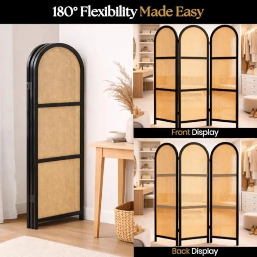 3-Panel Room Divider Folding Privacy Screen with Arched Dark Wood Frames and Light Woven Panels Portable Divider for Home Offic