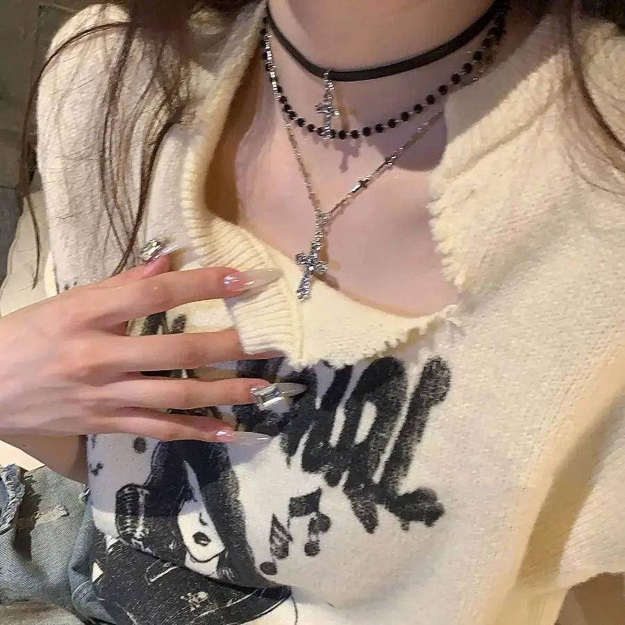 LLL Gothic Punk Y2K Metal Cross Pendant Necklace For Women Men Lovers Vintage Multi Layer Bead Necklaces 90s EMO Charm Jewelry G