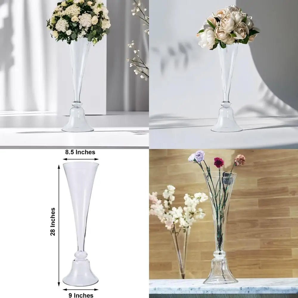 Reversible Clarinet Glass Trumpet Vases Set of 2, 28 Inch Tall, Clear Glass for Weddings, Events, and Home Decor