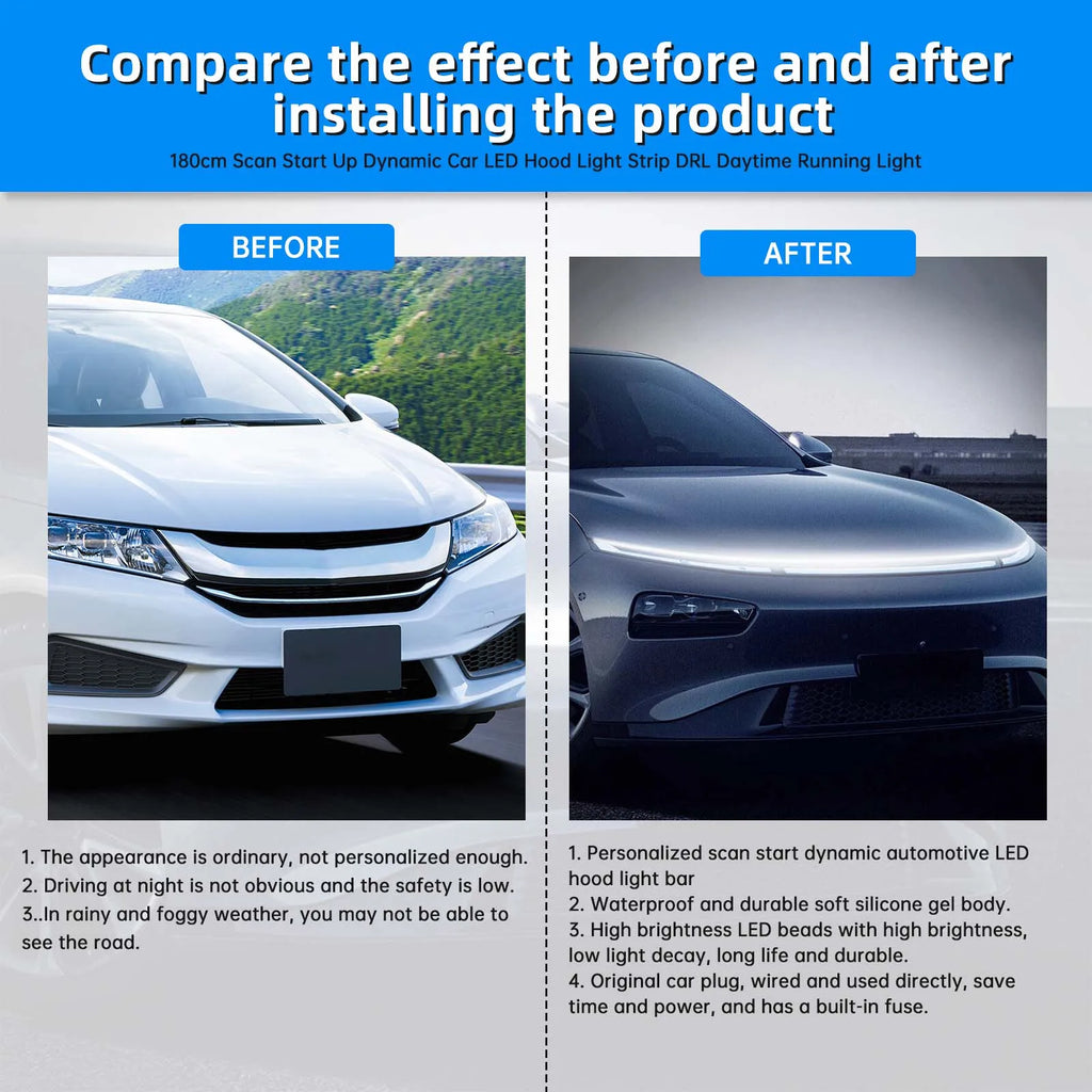 180cm/240cm Car Hood LED Daytime Running Light Strip Waterproof Flexible Auto Decorative Atmosphere Lamp Ambient