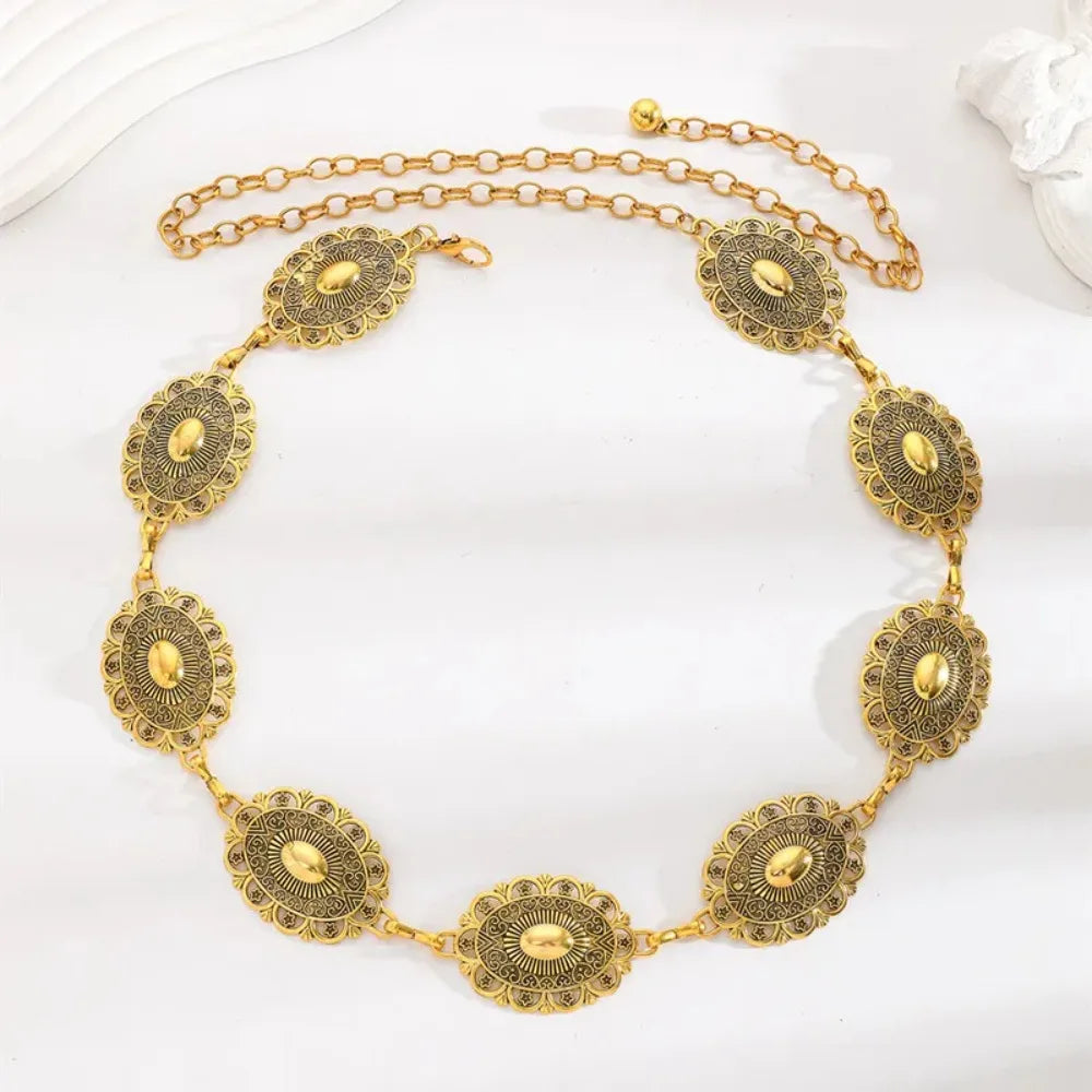 Retro Style Women'S Metal Waist Chain Accessories Decorative Circle Carved Chain Belt High Style Accessories