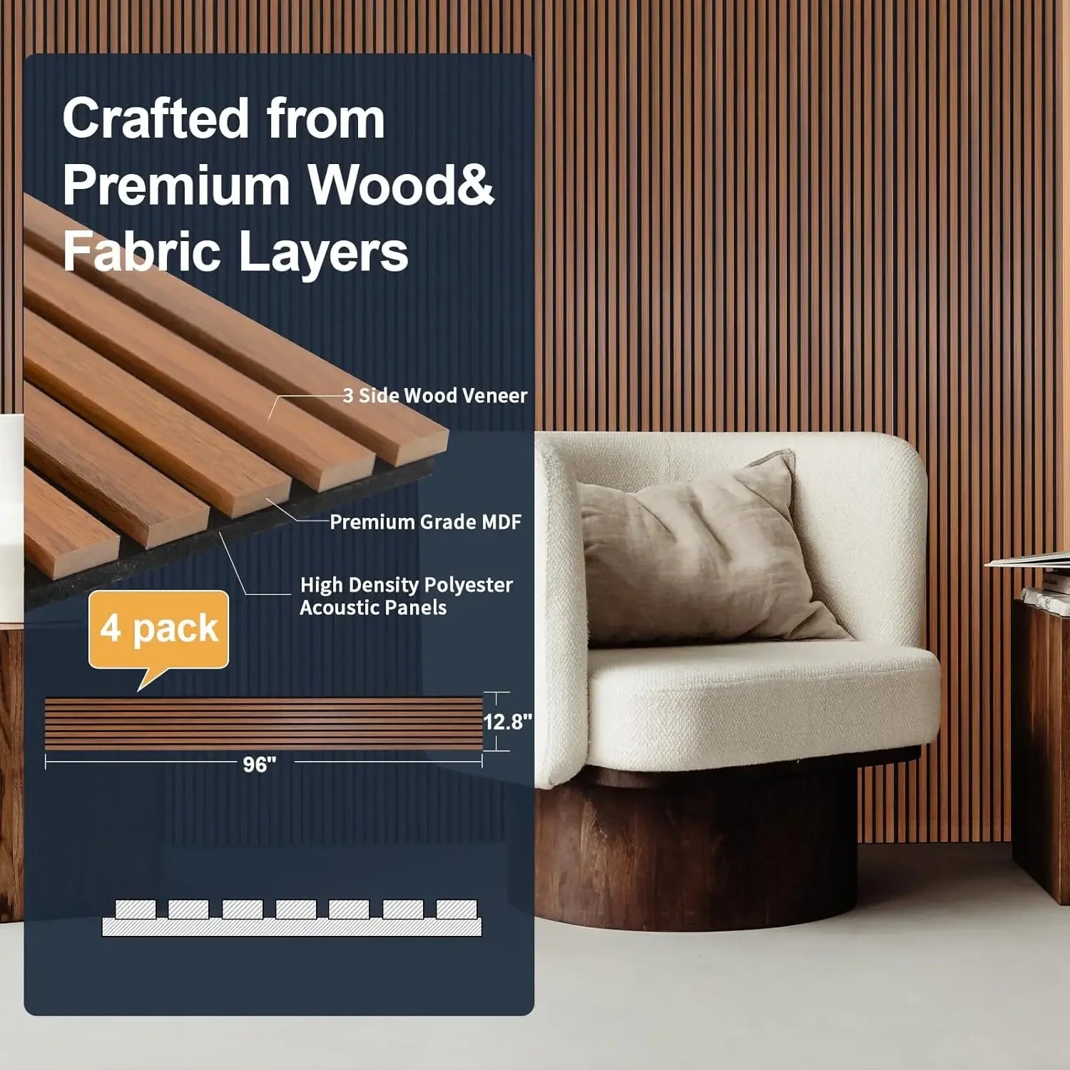 Soundproof Wood Slat Wall Panel for Interior Wall Decor Noise Cancelling, Acoustic Wood Panels for Wall, 4-Piece 96" x 12.6"