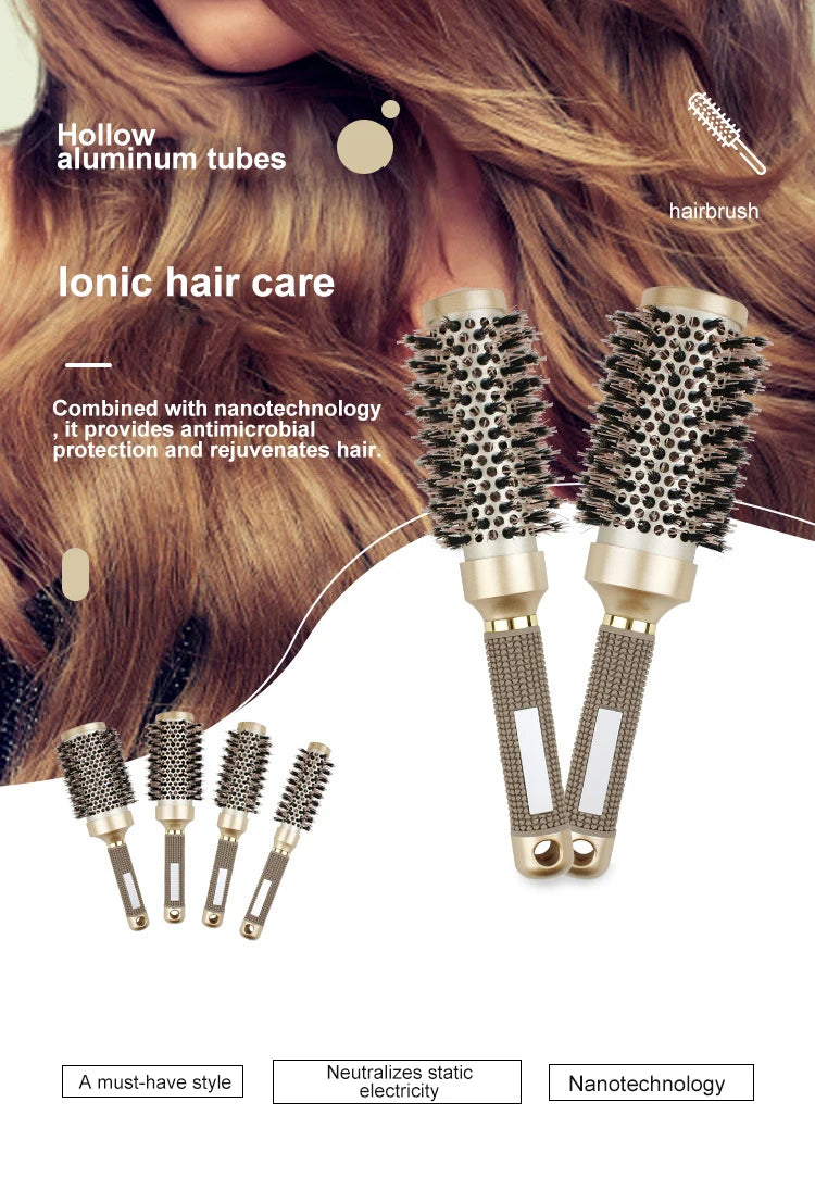 Gute Boar & Nylon Roller Brush - Gold Non-Slip Handle, Curl Defining Barrel - Salon Home Styling
