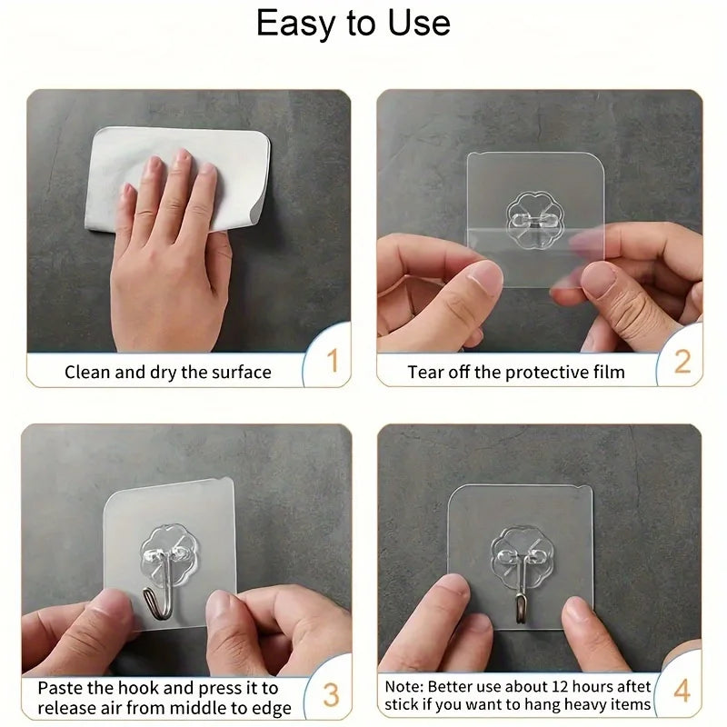 50 pcs Heavy Duty Clear Adhesive Hooks, No Residue Wall Hooks for Bathroom Kitchen, Strong Hold Space-Saving Organizers