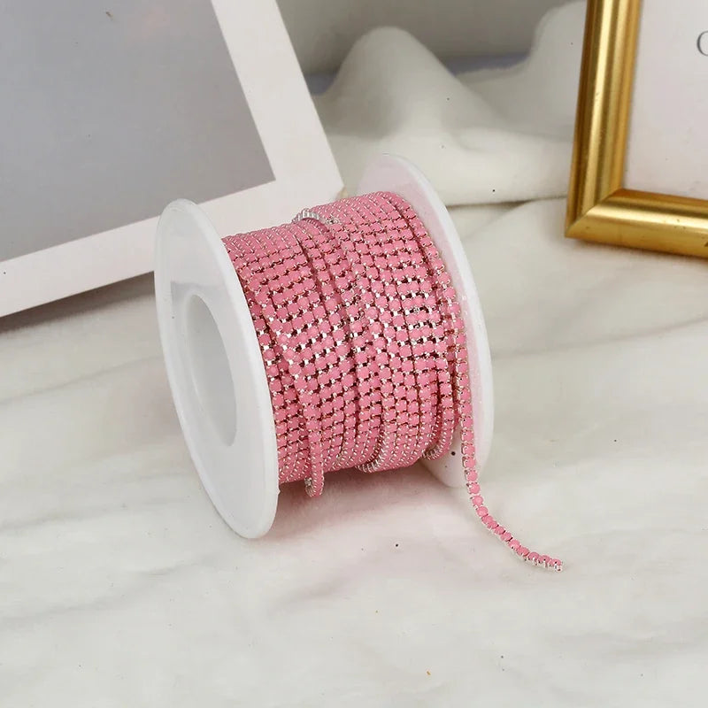 PEESOM NewSS6 2mm Sliver Bottom Rhinestone Cup Chain Sew On Colorful Acrylic Rhinestone Trim Chain Strass Banding for DIY Chain