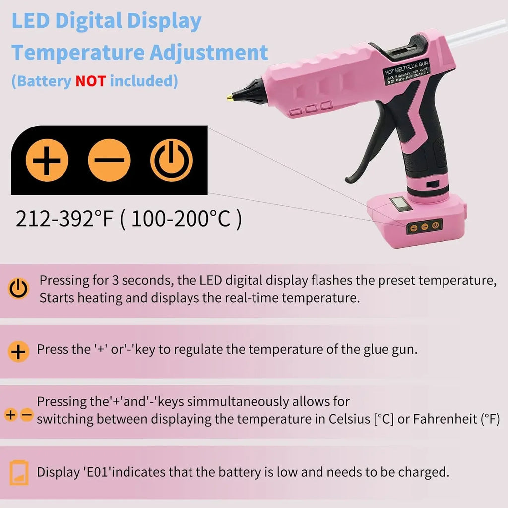 100W Cordless Hot Glue Gun for Dewalt 20V MAX Battery with 20PCS Full Size Glue Sticks, Digital Temperature Adjustable High