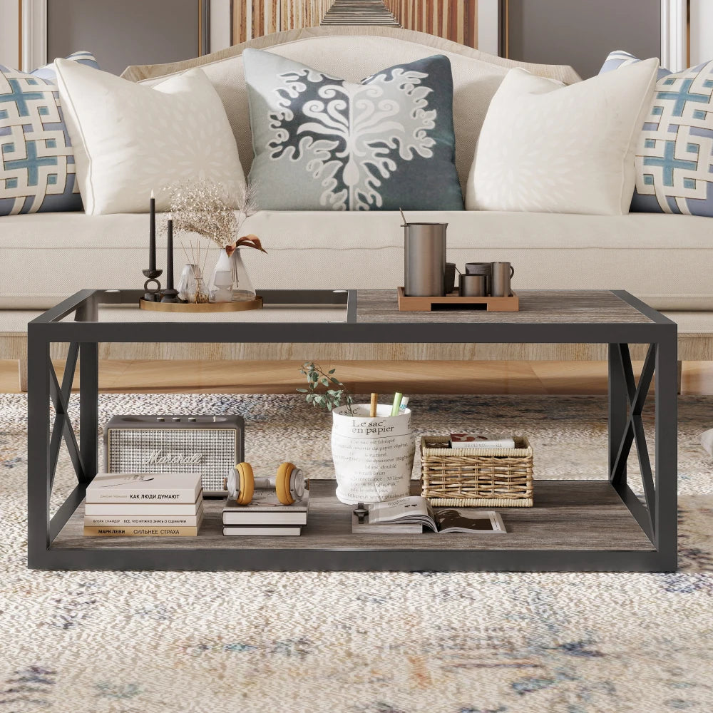 Modern coffee table for Bedroom & Living Room, Tempered Glass&Rustic Wood Grain MDF, Industrial Style coffee table
