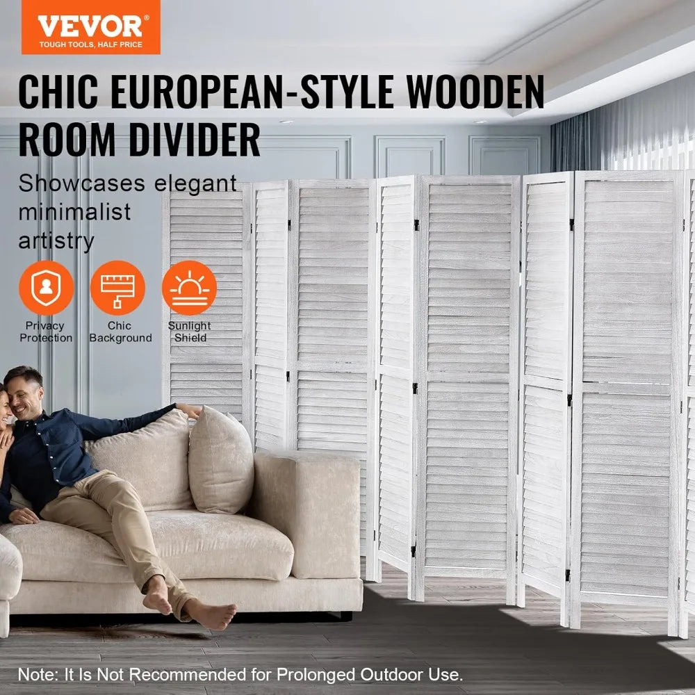 VEVOR Wood Room Divider, 8 Panel Wood Folding Privacy Screen, 66.9 Inches Tall Indoor Louvered Wooden Partition, Portable Decora