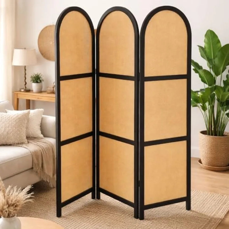 3-Panel Room Divider Folding Privacy Screen with Arched Dark Wood Frames and Light Woven Panels Portable Divider for Home Offic