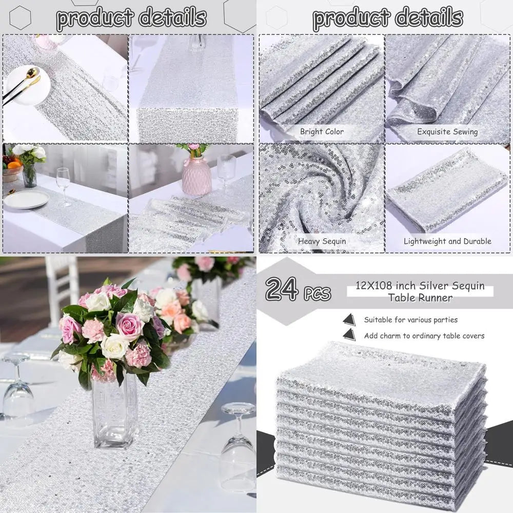 Silver Sequin Table Runners - 24 Pack, 12x108 Inches, Glitter Decorations for Birthdays, Weddings, Engagements, and Holiday Cele