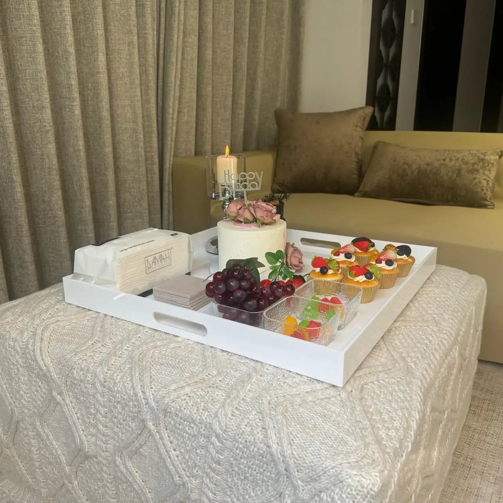 Modern Acrylic Ottoman Tray with Handles, 22x22 Inch Oversized Serving Organizer for Living Room, Bedroom, Kitchen