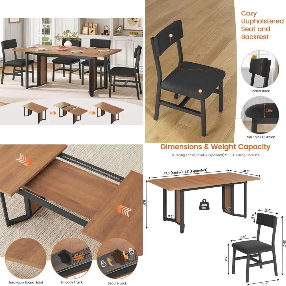 "4-6 Person Extendable Dining Table Set with 4 Cushioned Chairs and MDF Board"