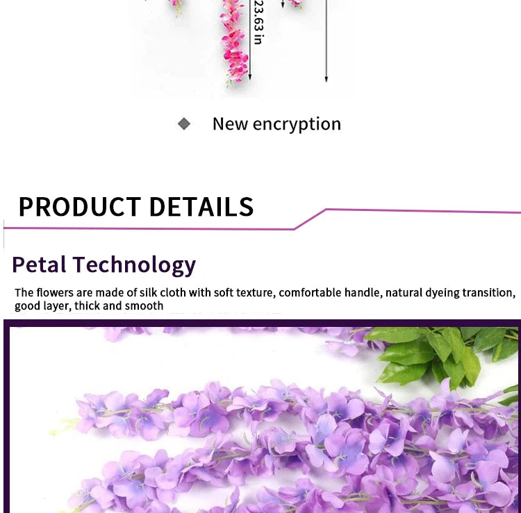 Artificial Wisteria Flower Hanging Garland, Rattan Fake Flower, String Flower, Wedding Party, Garden,  Home Wall Decor, 12PCS