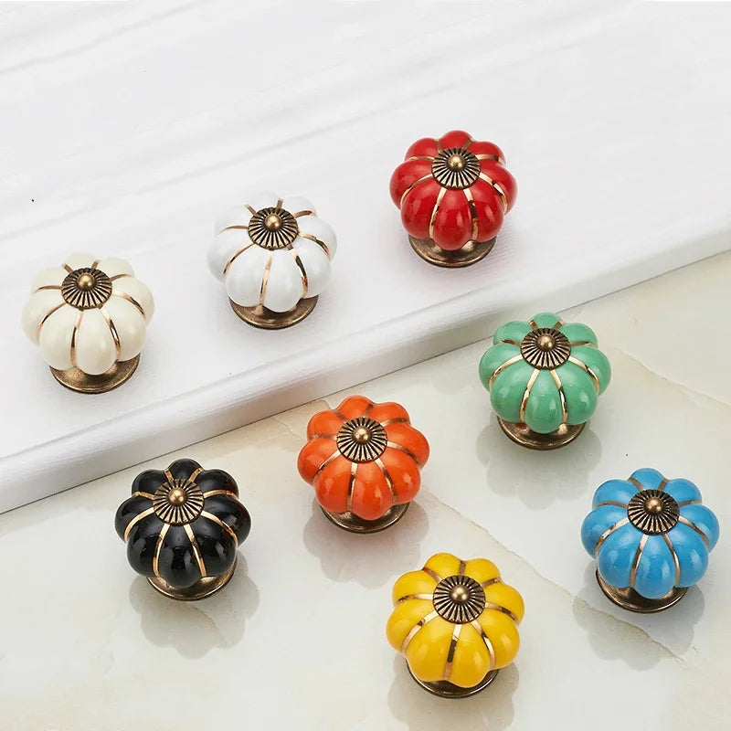 Pumpkin Gold Ceramic Handles Drawer Knobs Single Hole Cupboard Handles Cabinet Pulls Kitchen Accessories Handles Furniture