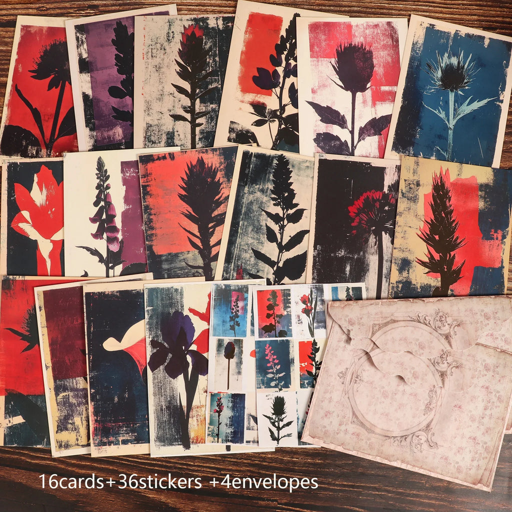 16cards, 4envelopes, 36stickers Floral Botanical Double-sided Writable Thick Cardboard Set, for Scrapbooking Supplies, Crafts