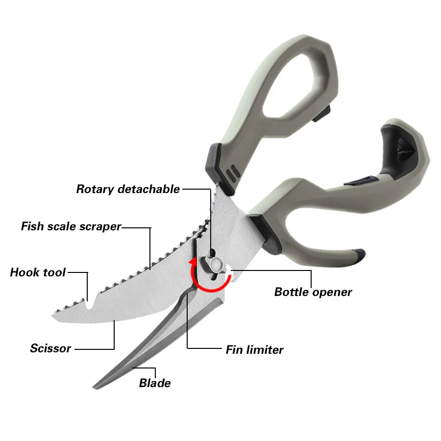 Multifunctional stainless steel detachable kitchen scissors, fishing scissors with fish bone remover, non-slip handle