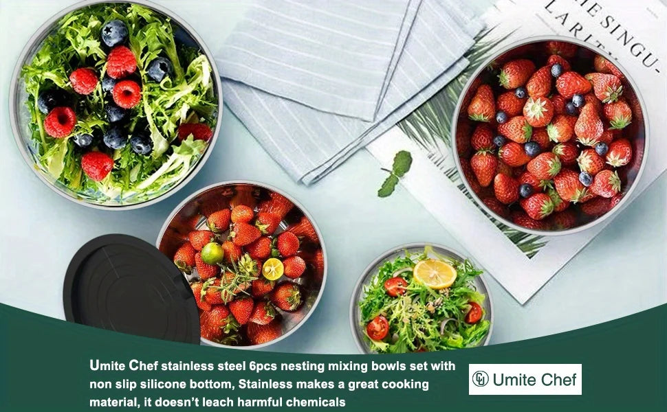 Mixing Bowls with Airtight Lids 6 piece Stainless Steel Metal Nesting Storage Bowls, Non-Slip Bottoms Great for Mixing Serving