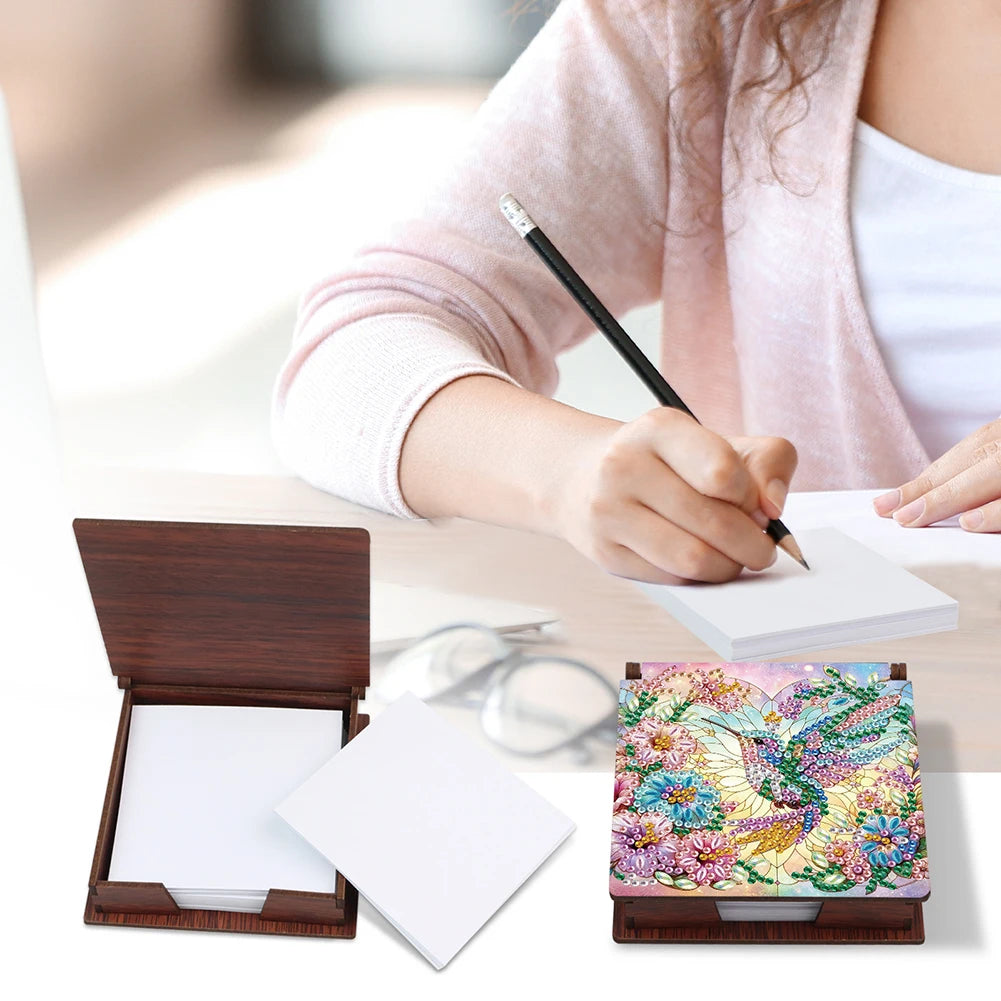 Wood DIY 5D Diamond Painting Note Box with 160 Sheets Crystal Art Sticky Notes Holder for Office Workplace Home Gifts