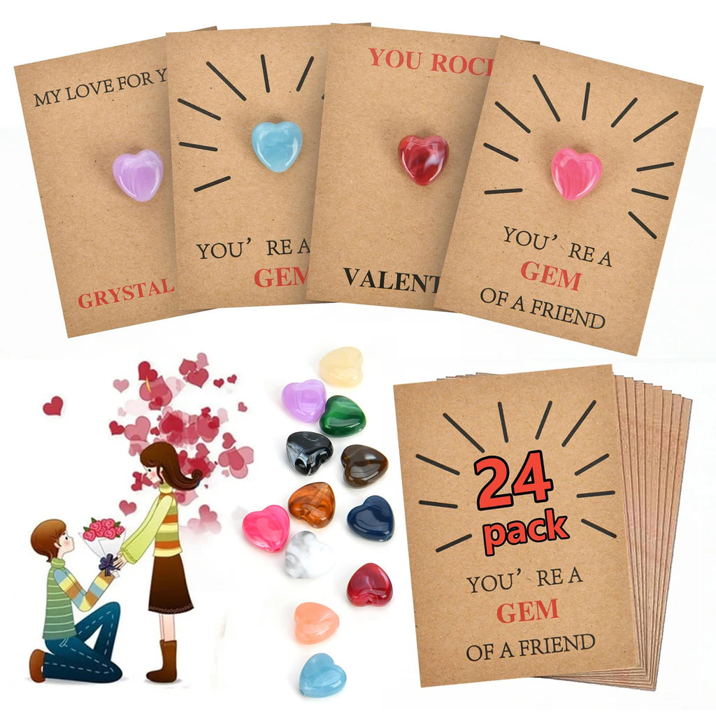 24 Pack Valentine Exchange Card with Heart-Shape Crystal Stone Valentines Cards for Boys Girls School Classroom Party Favors