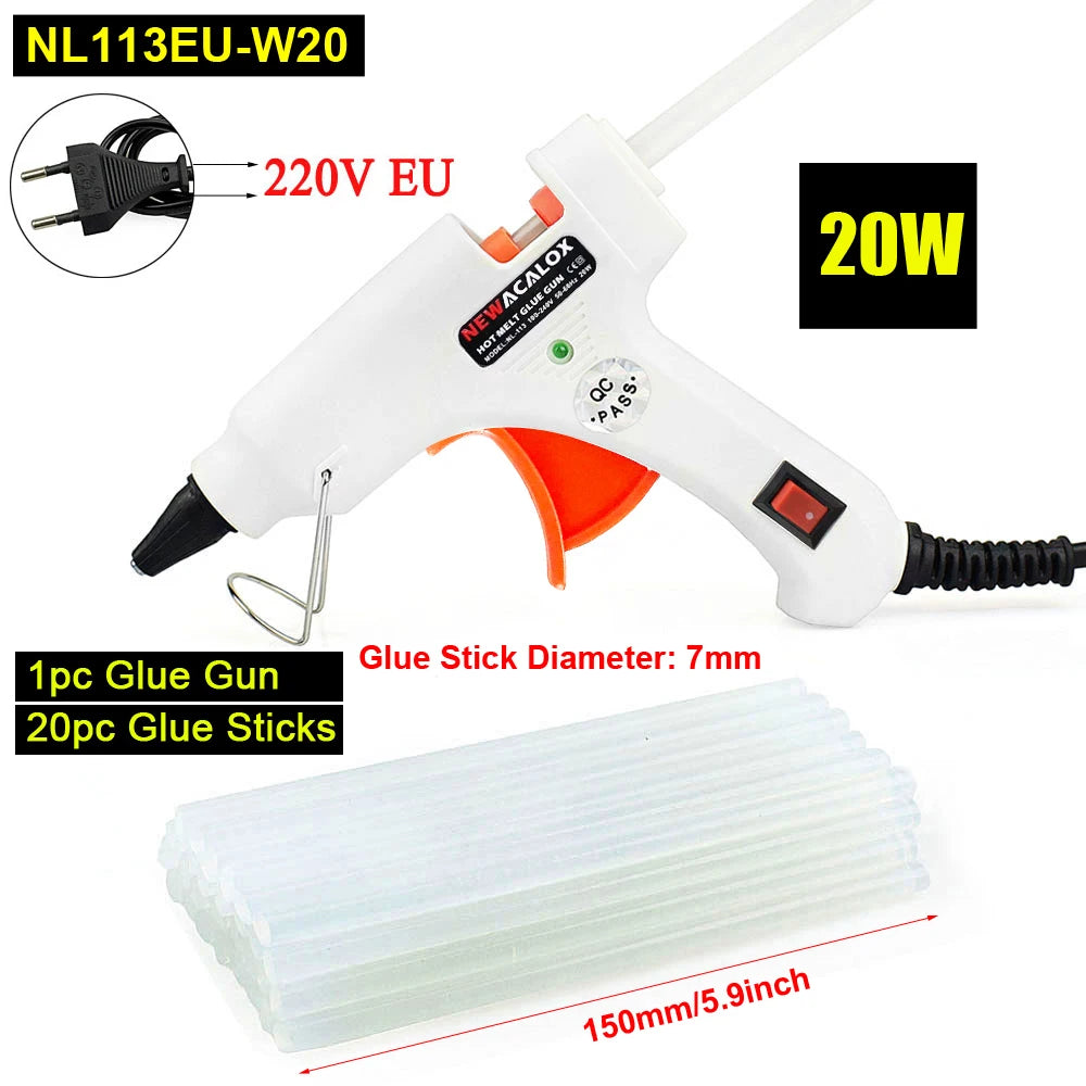 NEWACALOX 20W 220V Hot Melt Glue Gun with 20Pcs 7mm Glue Sticks Industrial Mini Guns Thermo Gluegun Heat Temperature Tool