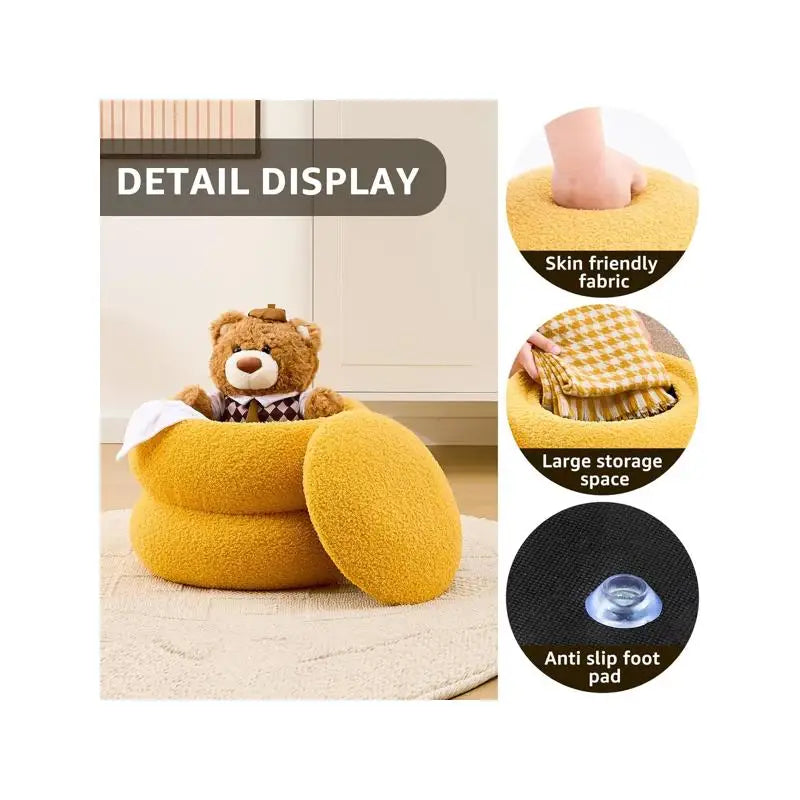 Round Velvet Storage Ottoman with Tray, Macaron-Shaped Footrest & Side Table for Living Room, Bedroom & Hallway Decor - Yellow