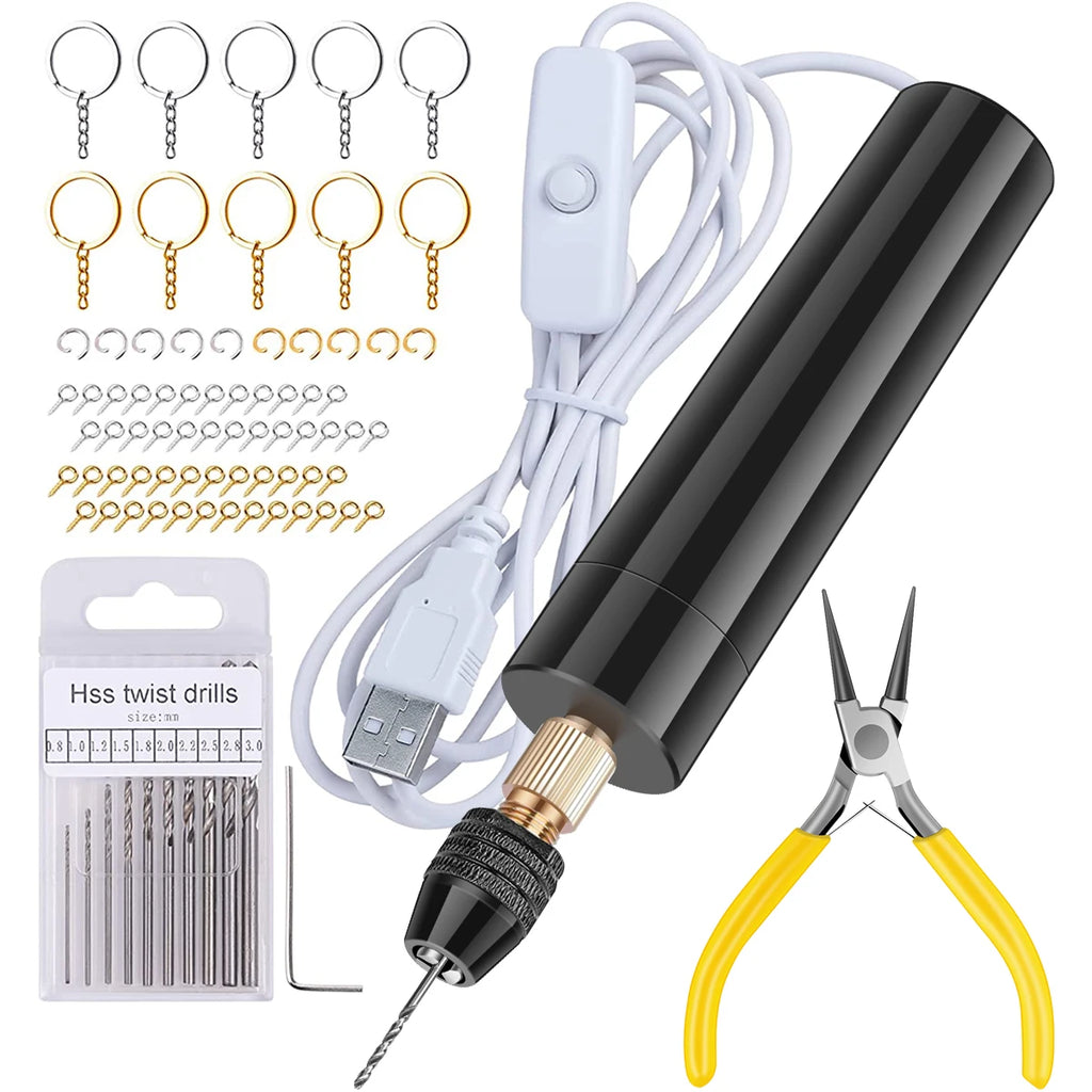 Electric Resin Drill USB Powered Mini Hand Drill Portable Keychain Making Kit with Keychain Screw Eye Pins Drill Bits Wrench