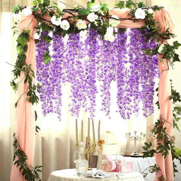 24PCS Artificial Wisteria Flowers Hanging Garland Fake Ivy Vine Flower String for Arch Wedding Party Home Room Decoration Flower