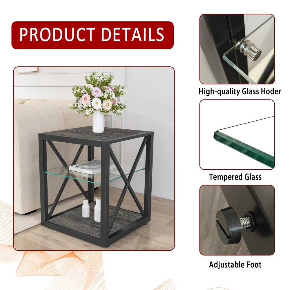 Modern coffee table for Bedroom & Living Room, Tempered Glass&Rustic Wood Grain MDF, Industrial Style coffee table