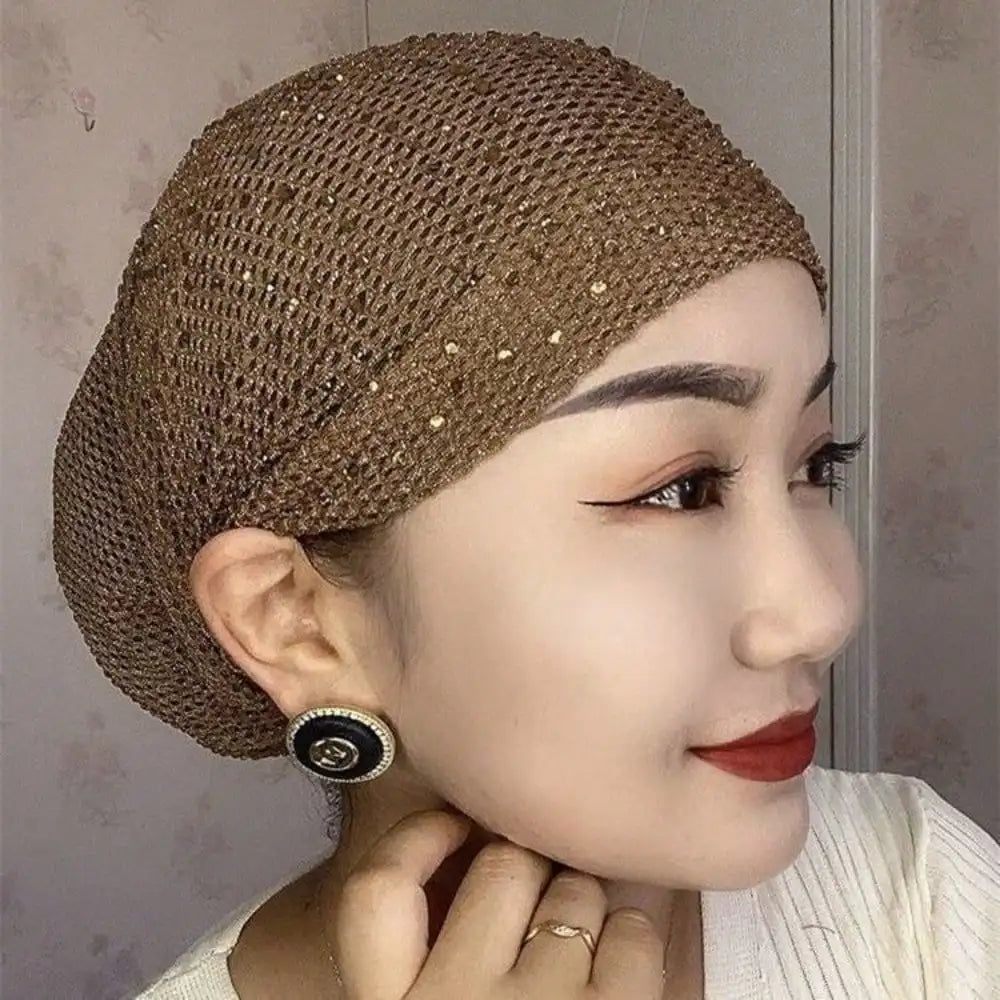 1Pc White Hair Bonnet - Elastic Breathable Full Cover with Rhinestone, Gift & Daily Use