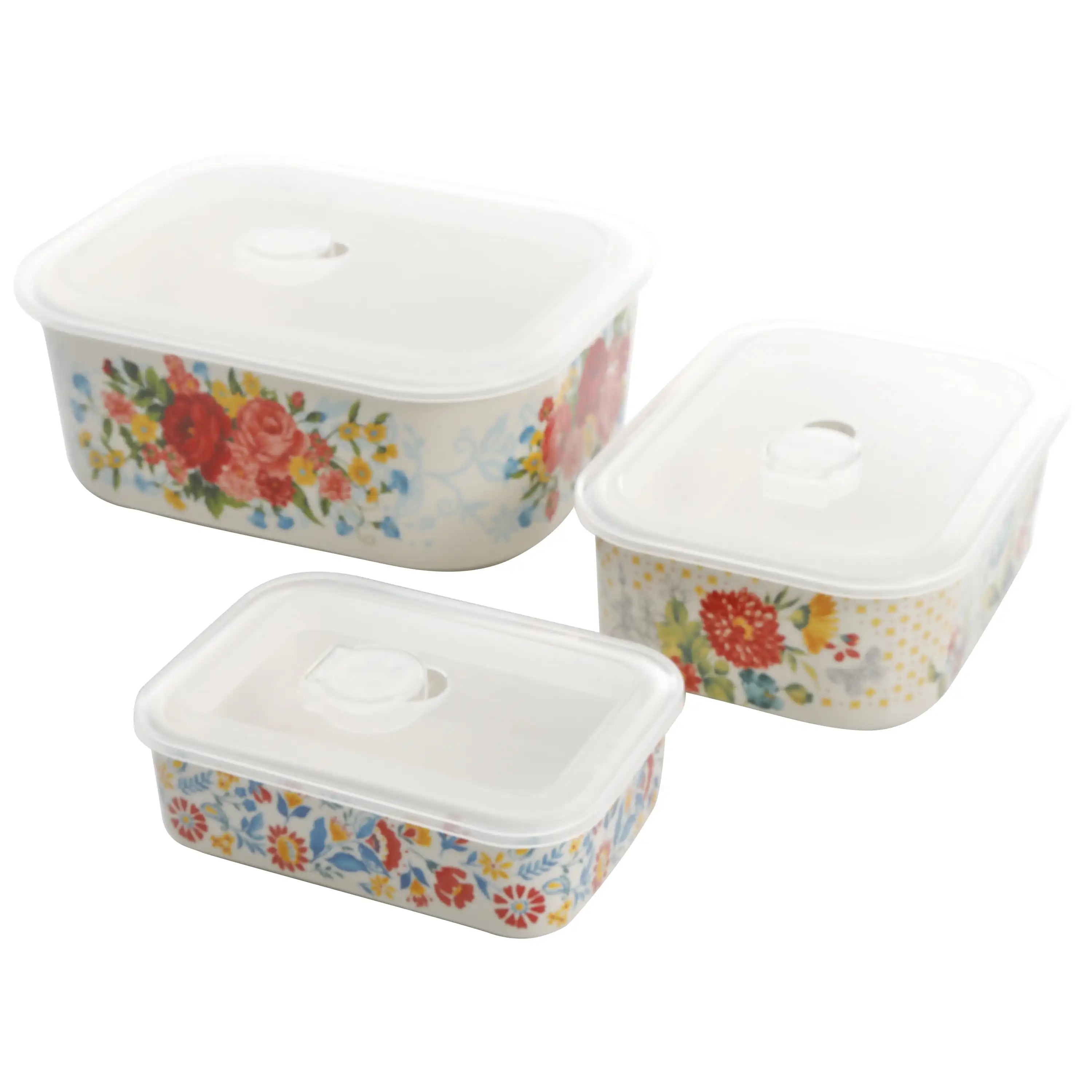 Sweet Rose Ceramic Nesting Bowls 6-Piece Set with Lids, Vintage Stoneware for Kitchen Prep & Storage