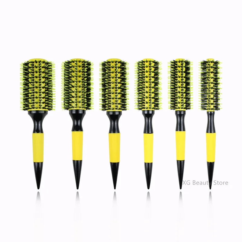 Professional 1PC 6 Sizes Round Wooden Hair Brush Boar Bristle Mix Nylon Salon Women Hair Styling Tools Yellow Brazil Hair Curler