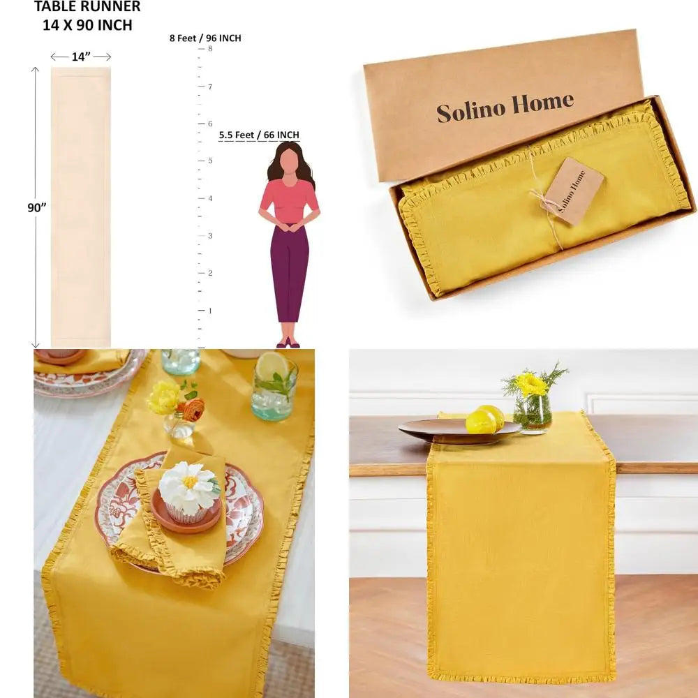 100% Pure Linen Mustard Yellow Table Runner, 14x90 Inches, Handcrafted, Machine Washable, Juliette Ruffle Style
