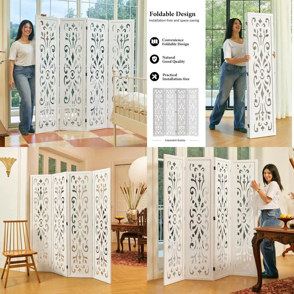 4-Panel White Classic Carved Wooden Room Divider for Home, Office, or Garden