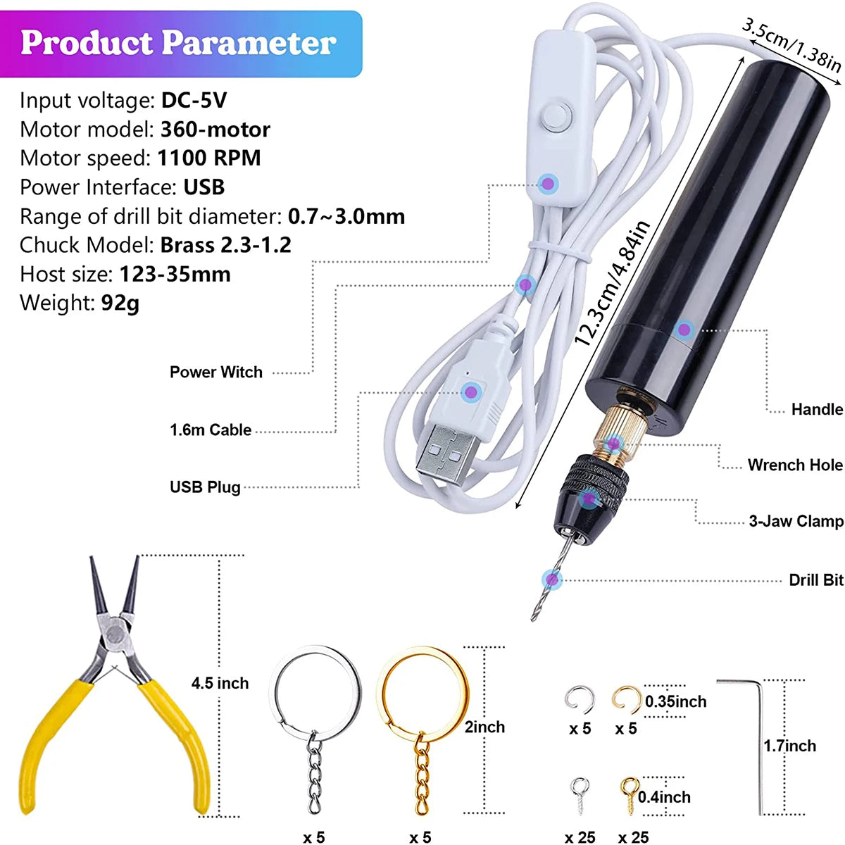 Electric Resin Drill USB Powered Mini Hand Drill Portable Keychain Making Kit with Keychain Screw Eye Pins Drill Bits Wrench