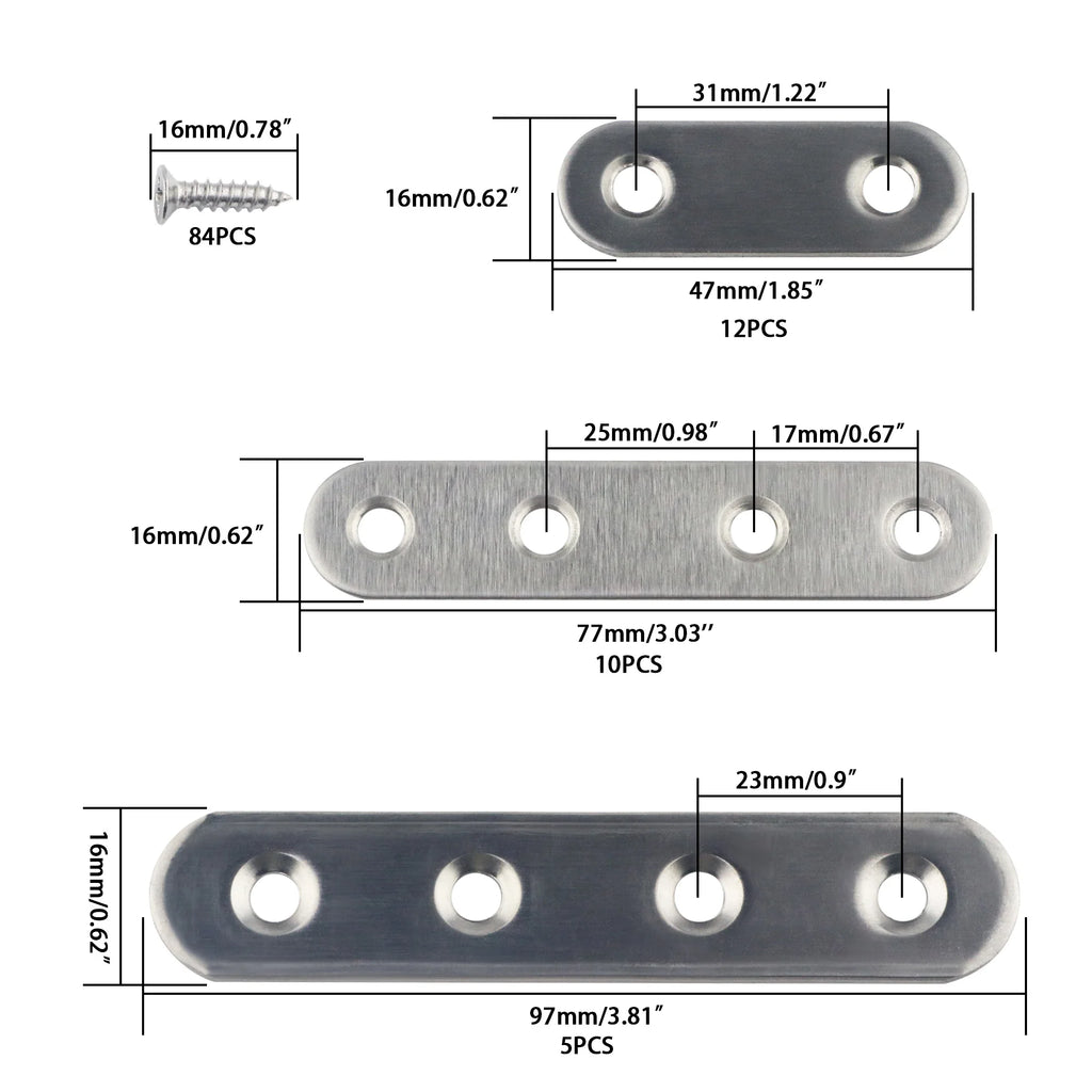 5 Pcs Stainless Steel Flat Metal Fixing Corner Brace Bracket, (Silver)16size for Furniture, Wood, Shelves, Cabinet
