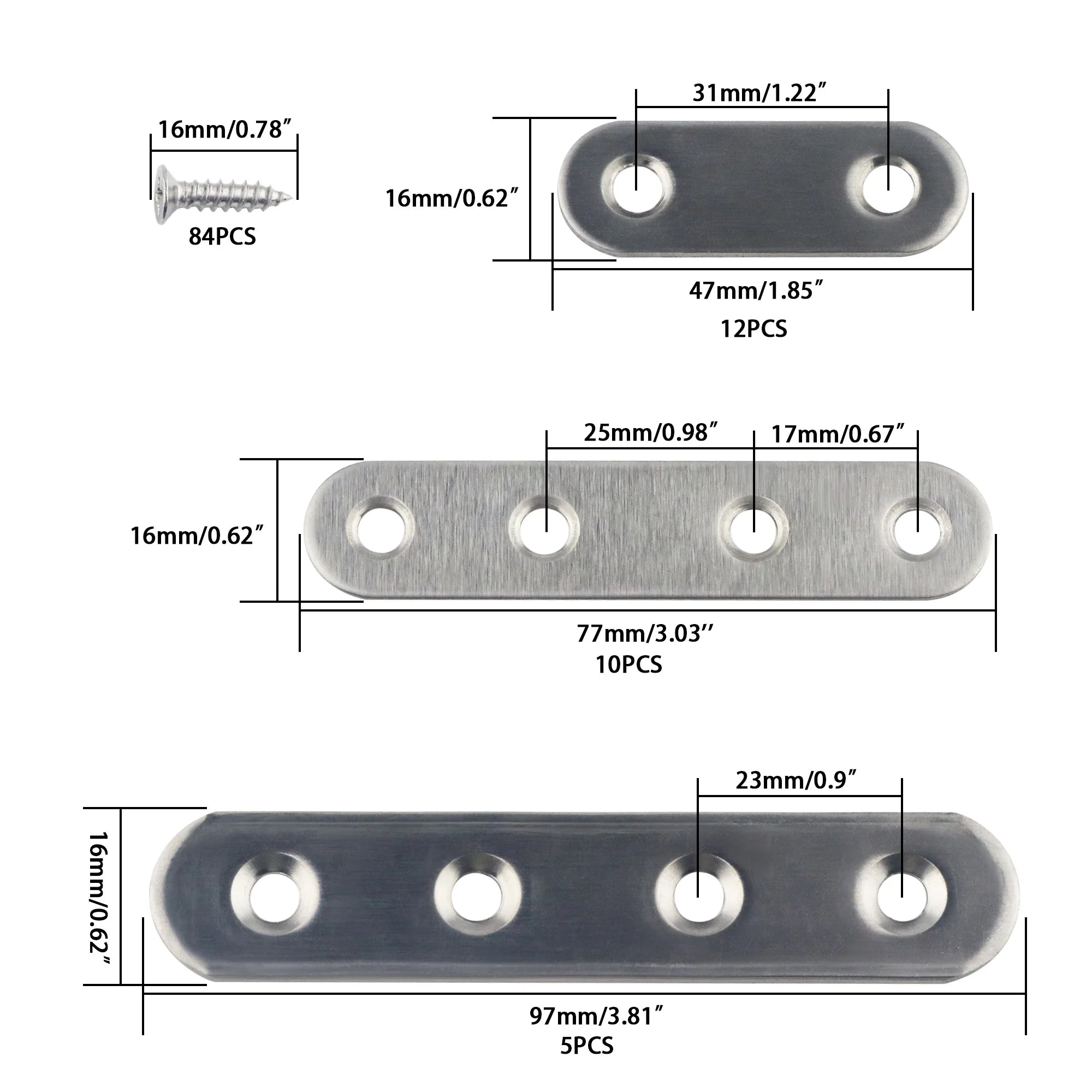 5 Pcs Stainless Steel Flat Metal Fixing Corner Brace Bracket, (Silver)16size for Furniture, Wood, Shelves, Cabinet