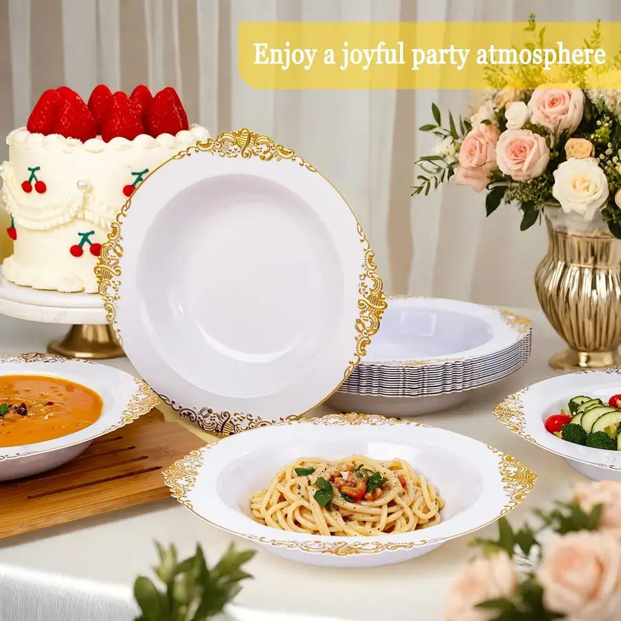 Gold Plastic Bowls 12 oz White Disposable Salad Bowls Heavy Duty Soup Serving Bowl Fancy Plastic Ice Cream Bowl for Parties, Din