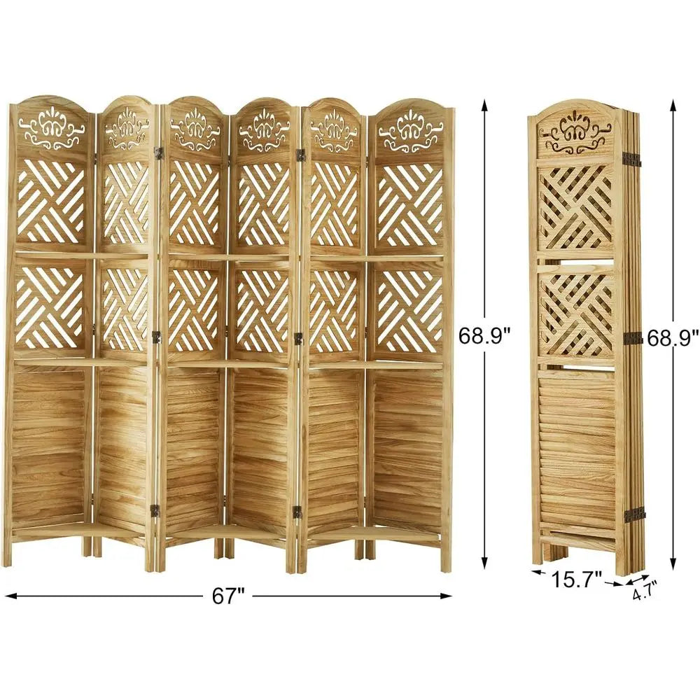 68.9 Natural Wood Carved Louvered 6-Panel Folding Room Divider with Shelves for Home Office