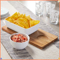 Natural Wood Color Ceramic Dip Bowl with Acacia Tray, 13.5x6.5x2.99 in, Elegant & Durable, Elevates Parties