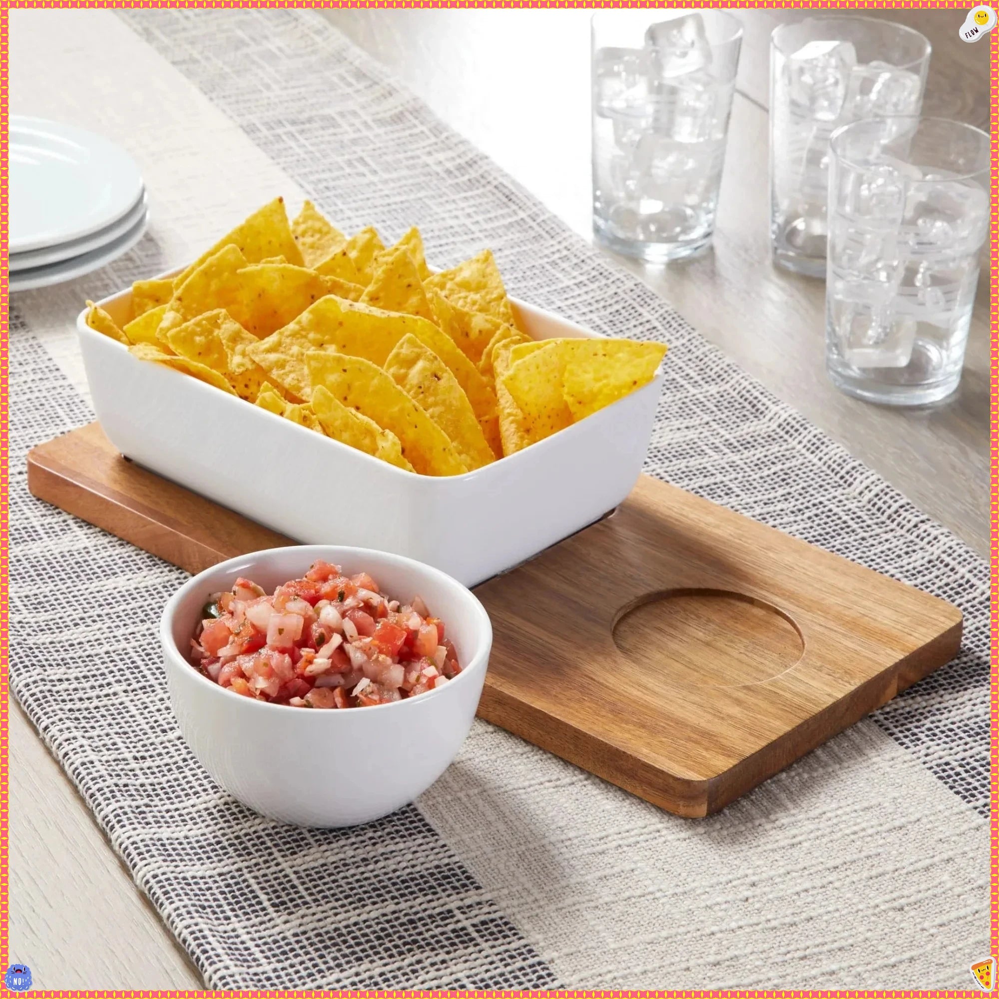 Natural Wood Color Ceramic Dip Bowl with Acacia Tray, 13.5x6.5x2.99 in, Elegant & Durable, Elevates Parties